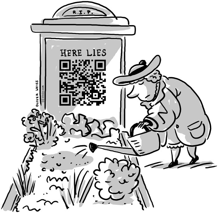 indifference graveyard death graves burial funerals cemetery gravesites rituals mourning bereavement customs tombstones headstones gravestones caskets care end-of-life afterlife religion widow husband cartoon watering flowers QR code barcode